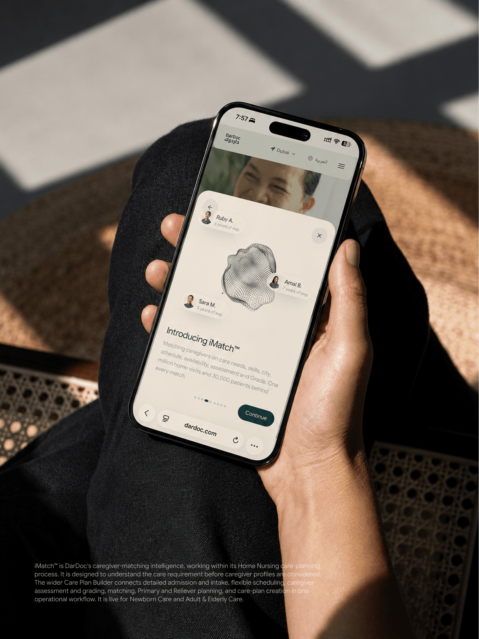 Smartphone showing the iMatch caregiver selection experience