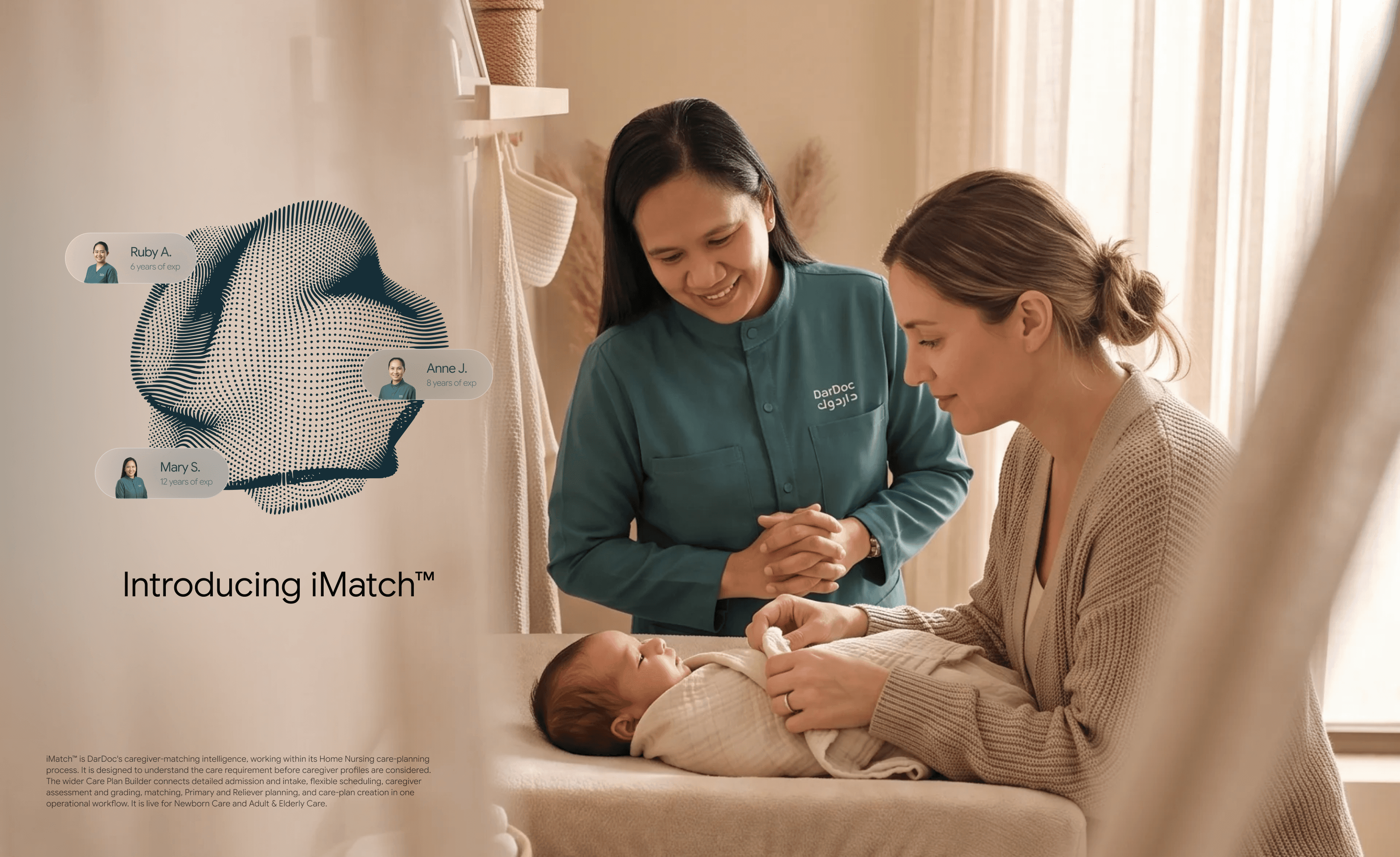iMatch launch visual with a caregiver supporting a mother and newborn
